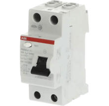 ABB aardlekschakelaar FH202 A, 2-polig, 40 Ampère, 30 Milliampère, met testknop en zwarte schakelaar.
