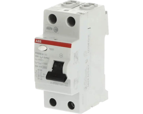 ABB aardlekschakelaar FH202 A, 2-polig, 40 Ampère, 30 Milliampère, met testknop en zwarte schakelaar.