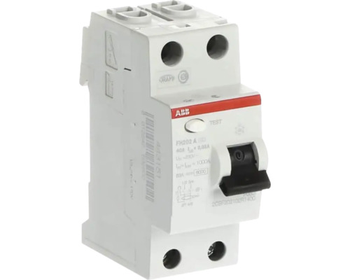 ABB aardlekschakelaar FH202 A met ABB Logo, 2-polig, 40 Ampère, aardlekstroom 0,03 Ampère, testknop en tuimelschakelaar.