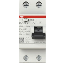 ABB Logo. Tweepolige aardlekschakelaar FH202 A, 40 Ampère, 0,03 Ampère lekstroom, vorstbestendig tot minus 25 graden, met testknop.