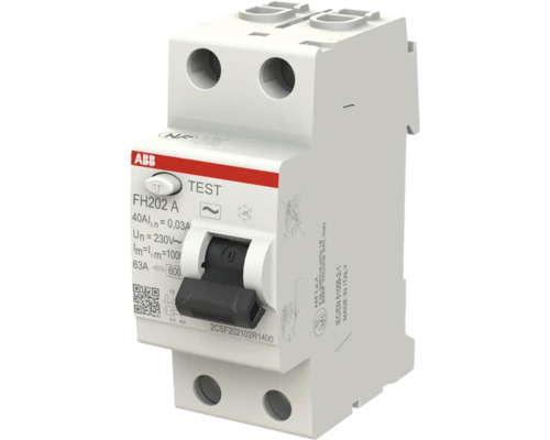 ABB aardlekschakelaar FH202 A, 2-polig, 40 Ampere, lekstroom 0,03 Ampere, 230 Volt.