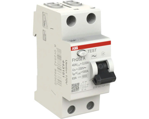 ABB aardlekschakelaar FH202 A, 2-polig, 40 Ampère, 30 Milliampère, 230 Volt.
