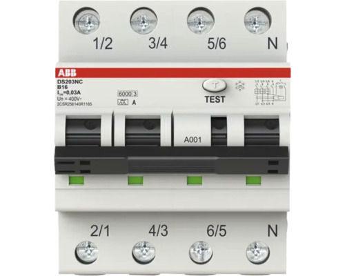 ABB aardlekautomaat DS203NC B16 driepolig plus nul dertig milliampere