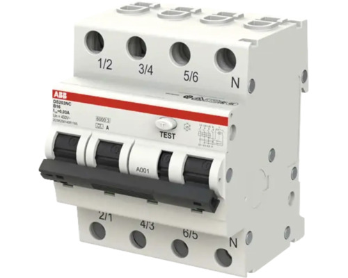 ABB DS203NC aardlekautomaat, B16, 4-polig, 16 ampère, 30 milliampère, 400 volt, met testknop, ABB Logo.