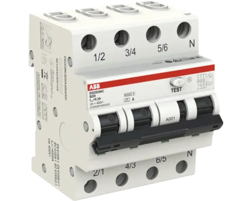 ABB aardlekautomaat DS203NC, 3-polig plus nul, B-karakteristiek, 20 ampere, 300 milliampere, 400 volt.