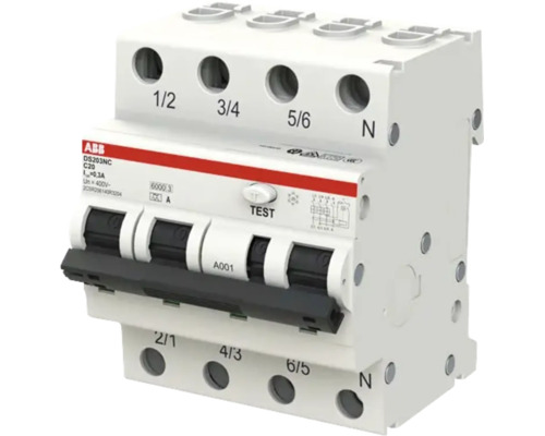 ABB aardlekautomaat DS203NC C20, 3-polig plus nulleider, 20 ampère, 30 milliampère, 400 volt.