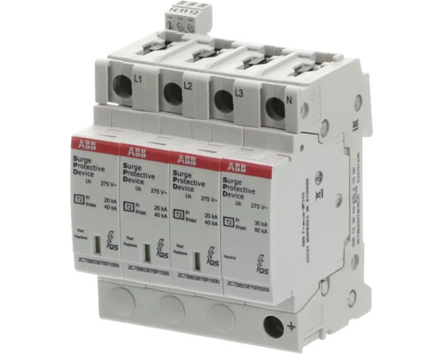ABB overspanningsbeveiliging type 2 voor DIN-rail, 4-polig, L1, L2, L3 en nulgeleider, 275 Volt wisselspanning, 40 kiloampère ontladingsstroom.