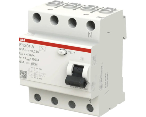 ABB aardlekschakelaar FH204 A, 4-polig, 63 Ampere, 30 Milliampere, 400 Volt.