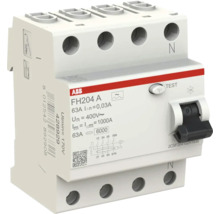 ABB aardlekschakelaar FH204 A, 4-polig, 63 Ampère, 30 Milliampère foutstroom, 400 Volt, met testknop en hendel.