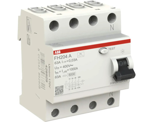 ABB aardlekschakelaar FH204 A, 4-polig, 63 Ampère, 30 Milliampère foutstroom, 400 Volt, met testknop en hendel.