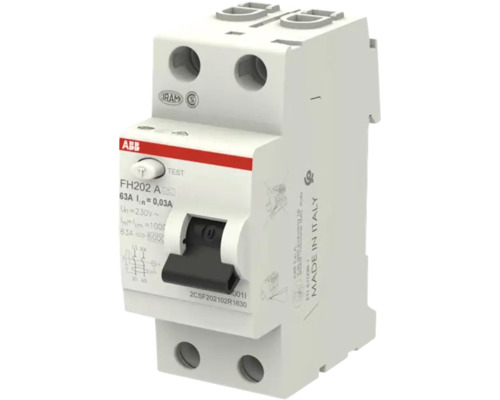 ABB aardlekschakelaar FH202 A, twee-polig, 63 Ampère, 0,03 Ampère lekstroom, inclusief testknop en schakelaar.