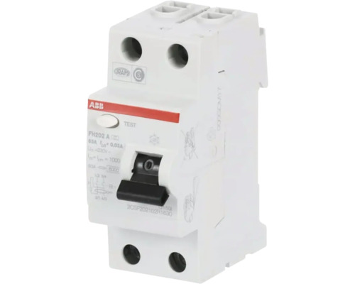 ABB aardlekschakelaar FH202 A, 63 ampère, 0,03 ampère lekstroom, 2-polig, wit kunststof.