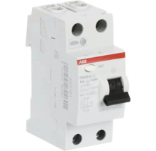 ABB aardlekschakelaar FH202 A, tweepolig, 63 Ampere, 30 Milliampere lekstroom, met ABB Logo, testknop en schakelaar.
