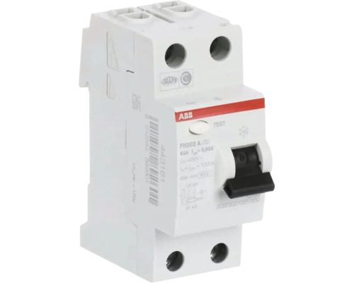 ABB aardlekschakelaar FH202 A, tweepolig, 63 Ampere, 30 Milliampere lekstroom, met ABB Logo, testknop en schakelaar.