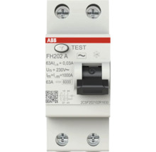 ABB Logo, Aardlekschakelaar FH202 A, 63 Ampère, 0,03 Ampère lekstroom, 230 Volt, tweepolig, met testknop en schakelhendel.
