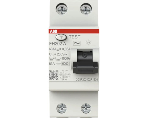 ABB Logo, Aardlekschakelaar FH202 A, 63 Ampère, 0,03 Ampère lekstroom, 230 Volt, tweepolig, met testknop en schakelhendel.