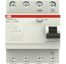 ABB aardlekschakelaar FH204 A, 4-polig, 40 Ampère, 0,03 Ampère lekstroom, 400 Volt, met testknop en schakelhendel.