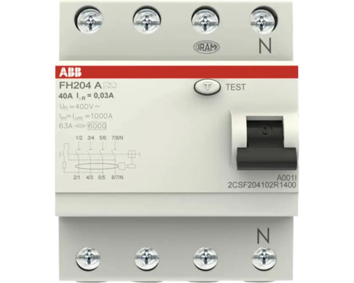 ABB aardlekschakelaar FH204 A, 4-polig, 40 Ampère, 0,03 Ampère lekstroom, 400 Volt, met testknop en schakelhendel.