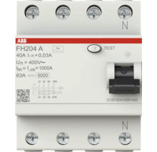 ABB Logo. Aardlekschakelaar FH204 A, 4-polig, 40 Ampère, 0,03 Ampère, 400 Volt, met testknop en schakelaar.