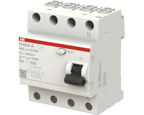 ABB aardlekschakelaar FH204 A, 4-polig, 40 ampère, 30 milliampère, 400 volt.