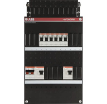 ABB Hafonorm groepenkast met installatieautomaten en aardlekschakelaars over meerdere rijen.
