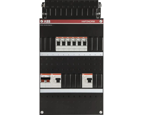 ABB Hafonorm groepenkast met installatieautomaten en aardlekschakelaars over meerdere rijen.