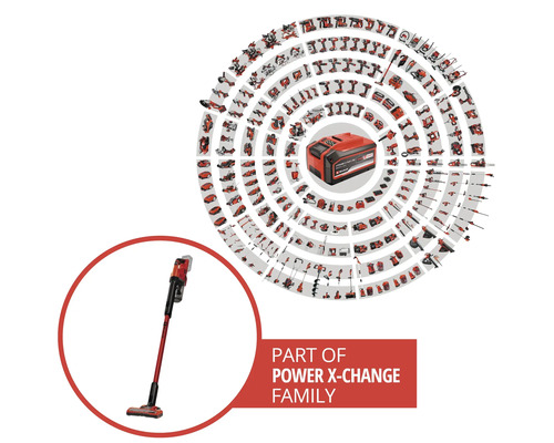 Einhell accu-stofzuiger als onderdeel van het Power X-Change accu-systeem met talrijke compatibele gereedschappen.