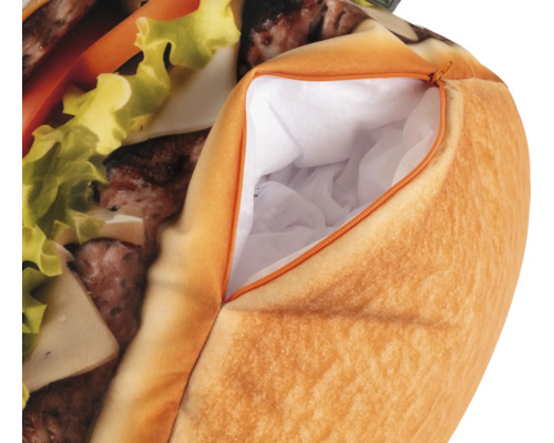 Kussen in de vorm van een hamburger met ritssluiting en binnenvoering.