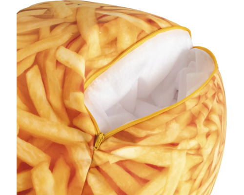Zitzak met fotorealistische print van frietjes, geopende rits toont witte binnenvoering.