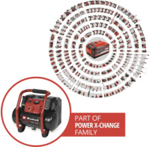 Einhell compressor als onderdeel van de Power X-Change familie met compatibele gereedschappen en accu.