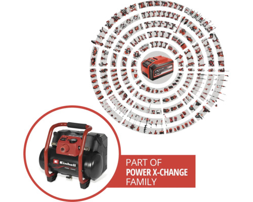 Einhell compressor als onderdeel van de Power X-Change familie met compatibele gereedschappen en accu.