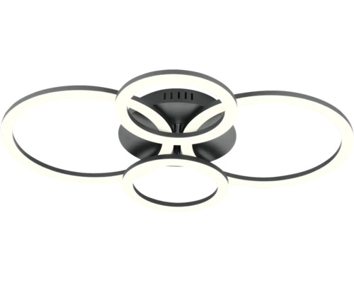 Moderne LED-plafondlamp met vier cirkelvormige lichtelementen van metaal en kunststof.