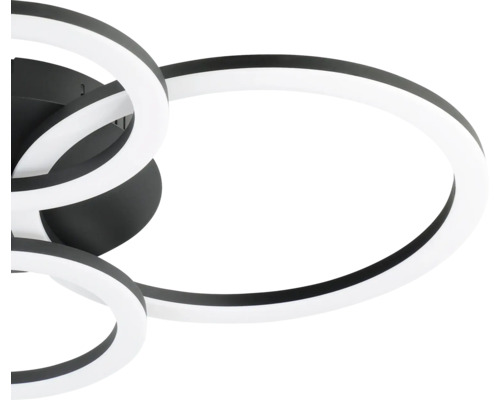Moderne LED-plafondlamp met in elkaar grijpende ringvormige elementen in het zwart.
