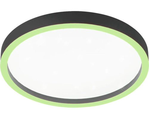Ronde LED plafondlamp met zwart frame, witte diffuser en groene lichtring.