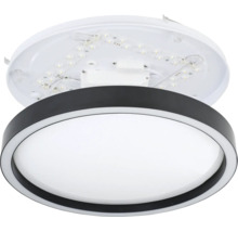 Ronde LED-plafondlamp met zwart frame en witte diffusor, inclusief weergave van de interne componenten.