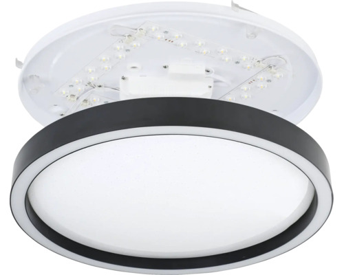 Ronde LED-plafondlamp met zwart frame en witte diffusor, inclusief weergave van de interne componenten.