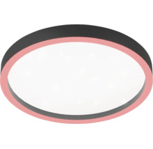 Ronde LED-plafondlamp met donker frame, roze sierring en wit lichtoppervlak.