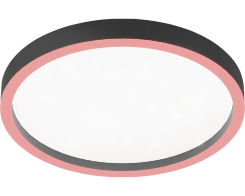 Ronde LED-plafondlamp met donker frame, roze sierring en wit lichtoppervlak.
