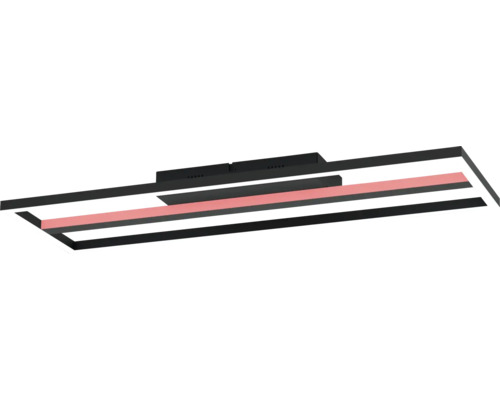 Moderne LED-plafondlamp in rechthoekig, plat ontwerp van zwart metaal met geïntegreerde kleurwisseling.