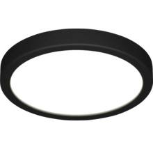 Ronde, platte LED-plafondlamp met zwart frame.