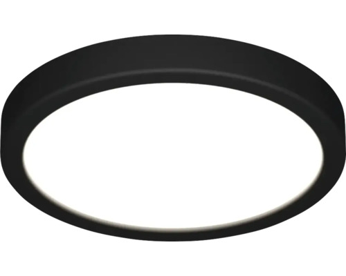 Ronde, platte LED-plafondlamp met zwart frame.