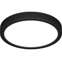 Ronde platte plafondlamp met zwart frame en witte diffuser.