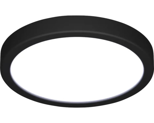 Ronde platte plafondlamp met zwart frame en witte diffuser.