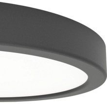 Detailweergave van een ronde, vlakke LED plafondlamp met een donkergrijs, gestructureerd frame en een witte diffuser.