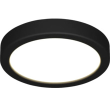 Ronde, platte LED-plafondlamp met een zwarte rand en een wit verlicht oppervlak.