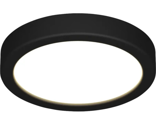 Ronde, platte LED-plafondlamp met een zwarte rand en een wit verlicht oppervlak.