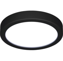 Ronde platte LED-plafondlamp met zwarte behuizing en witte afdekking.