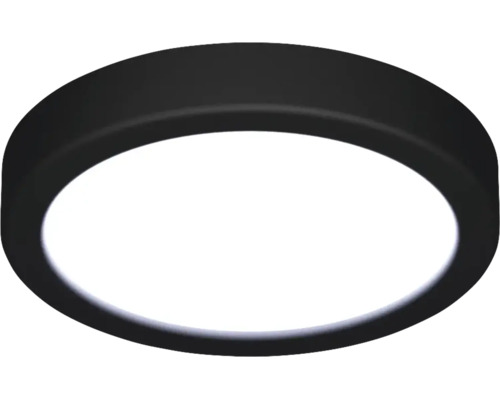 Ronde platte LED-plafondlamp met zwarte behuizing en witte afdekking.