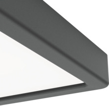 Detailweergave van de hoek van een moderne plafondlamp met een donker metalen frame en witte diffusor.