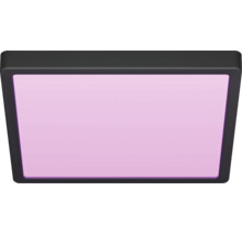 Vierkant LED-paneel met donker frame en paars lichtoppervlak.